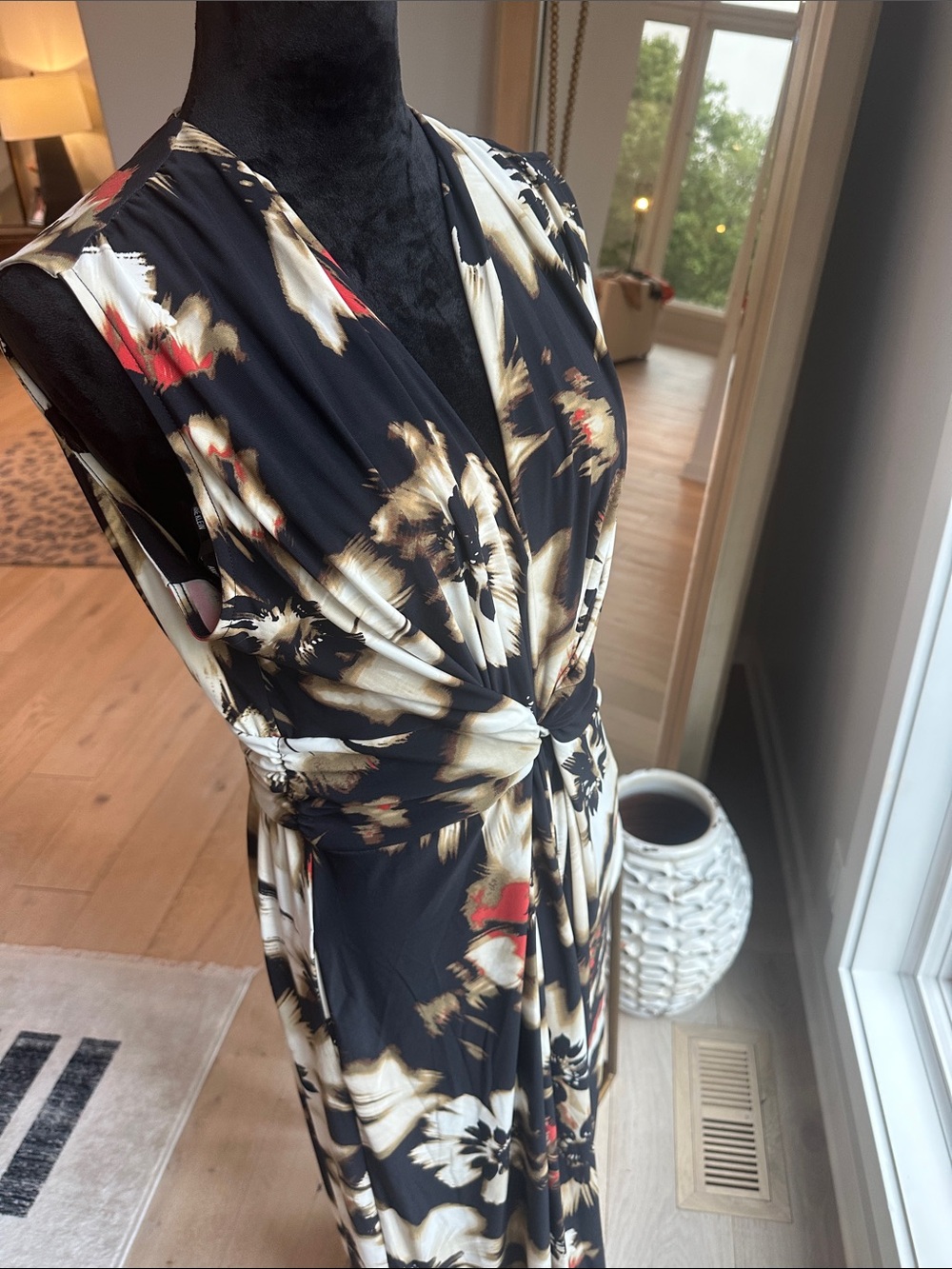 Anne Klein Black Floral Twist-Front Maxi Dress with Cream and Red Accents - Picture 6 of 6
